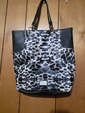 New York & Co. Black & White Leopard Print Tote Bag with Black Trim